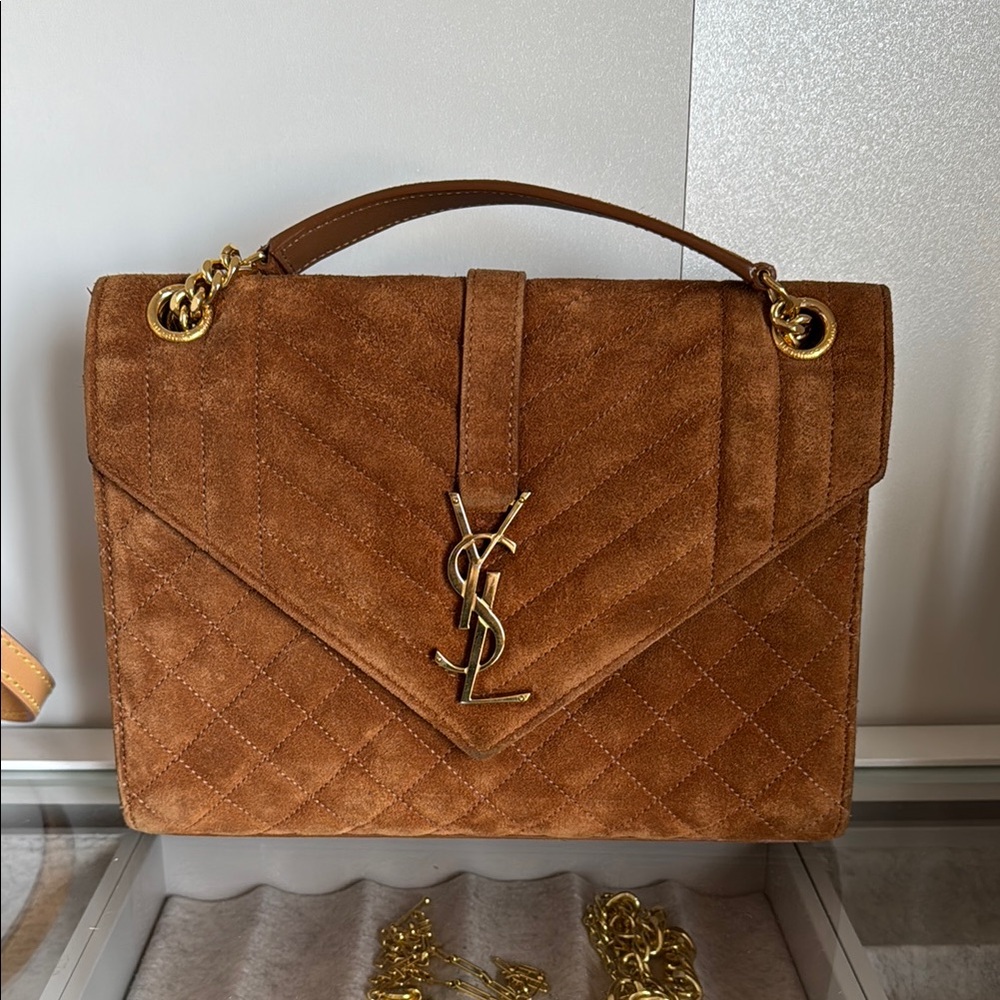YSL Yves Saint Laurent Brown Suede Quilted Medium Envelope Handbag - Picture 15 of 16